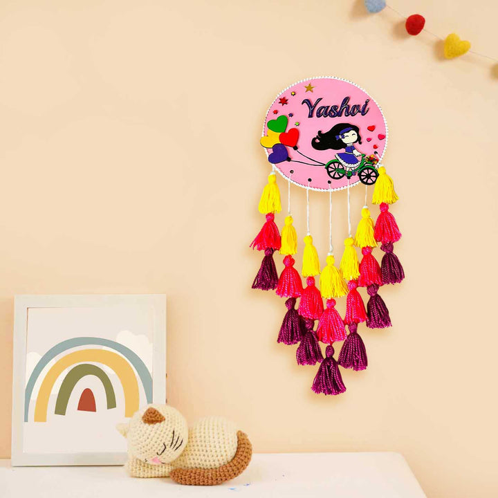 Personalized Hand Painted Charming Girl On A Bicycle Mdf Wood Kids Name Plate - Wall Hanging Display with Tassels