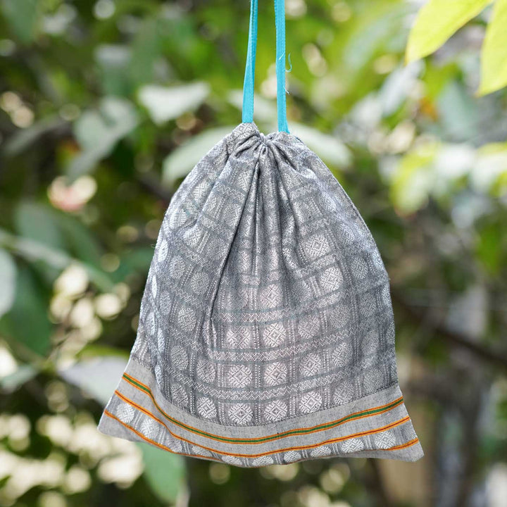 Handmade Grey Khunn Fabric Cotton Thamboolam Potli