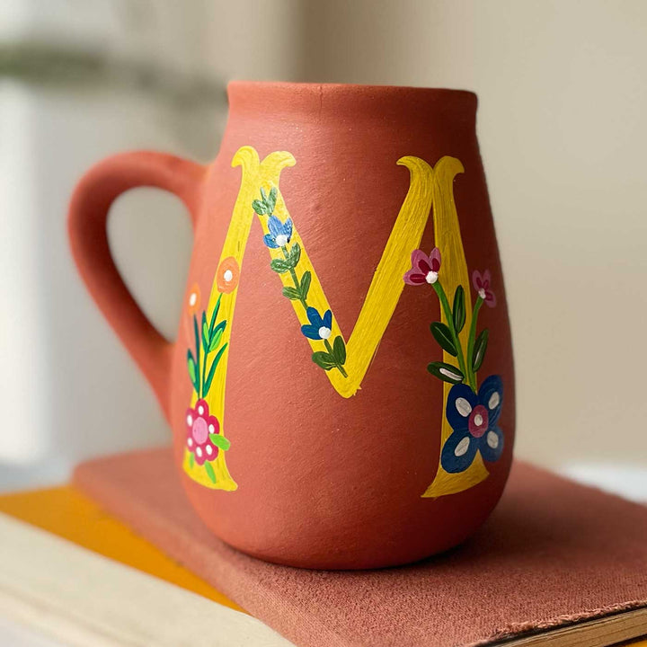 Personalized Hand-painted Floral Theme Monogram Terracotta Mug - M