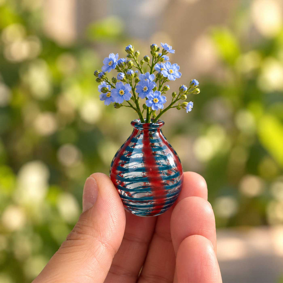 Handmade Red & Blue Stripe Small Glass Art Vase For Home Decor