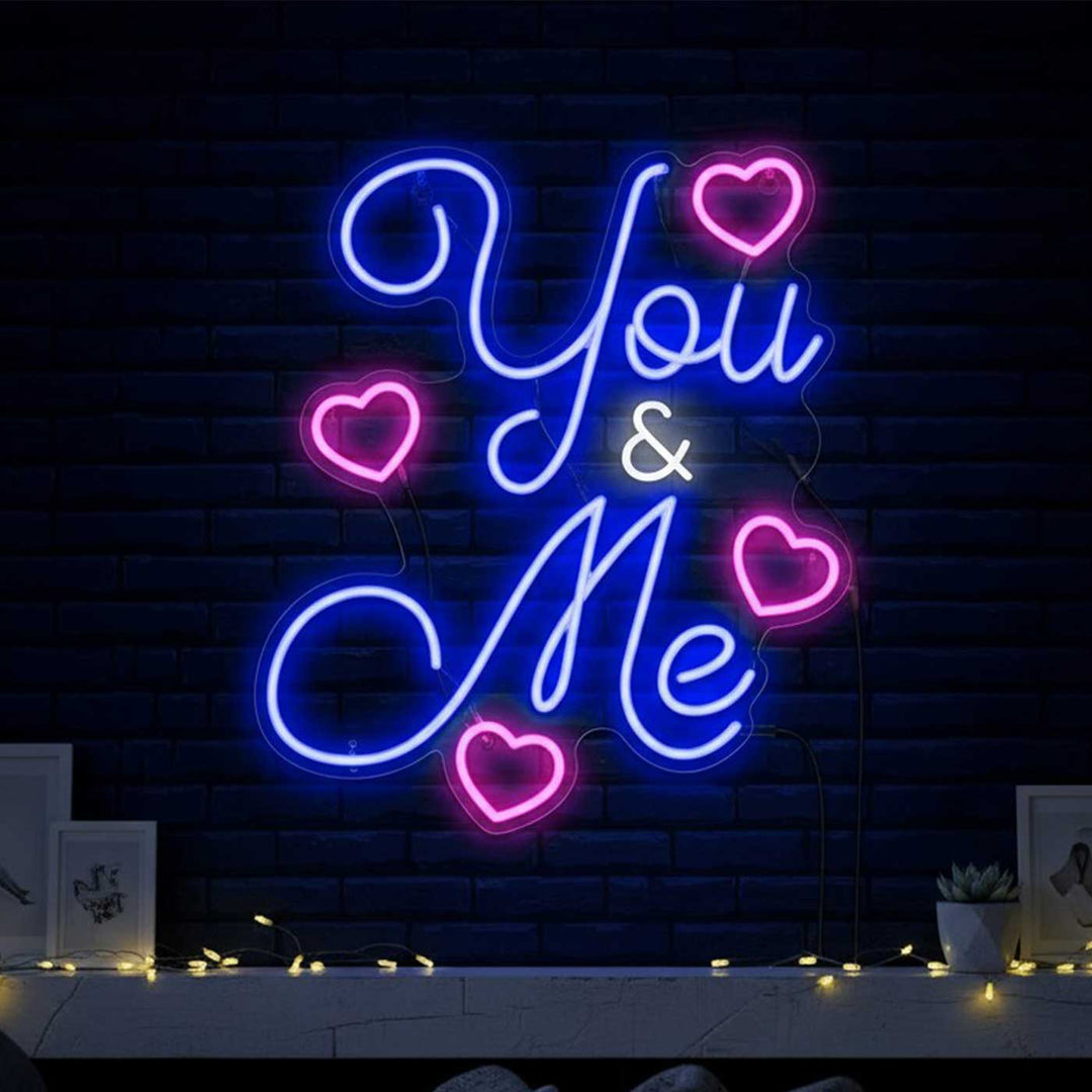 Personalized Handmade "You & Me" Neon Light Sign Board With Heart Motifs For Couple Wall Decor