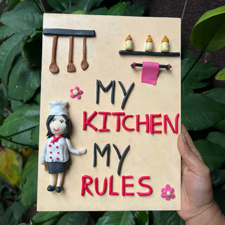 Handmade Caricature "My Kitchen My Rules" Theme Clay Decorative Plaque
