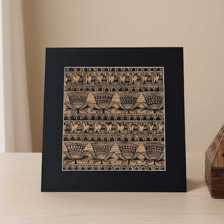 8 x 8 Inch | Black On Tea Treated Paper | Traditional Black & Brown Madhubani Style Drawing With Frame