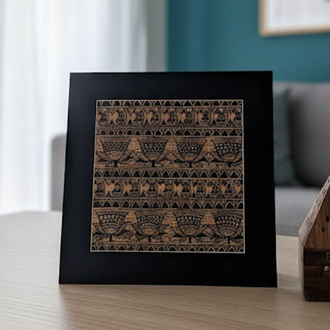 8 x 8 Inch | Black On Tea Treated Paper | Traditional Black & Brown Madhubani Style Drawing With Frame