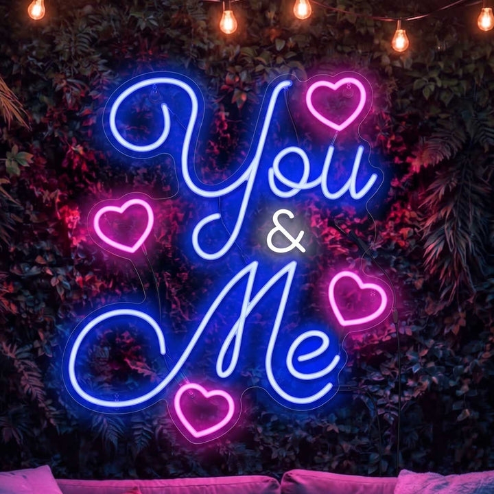 Personalized Handmade "You & Me" Neon Light Sign Board With Heart Motifs For Couple Wall Decor