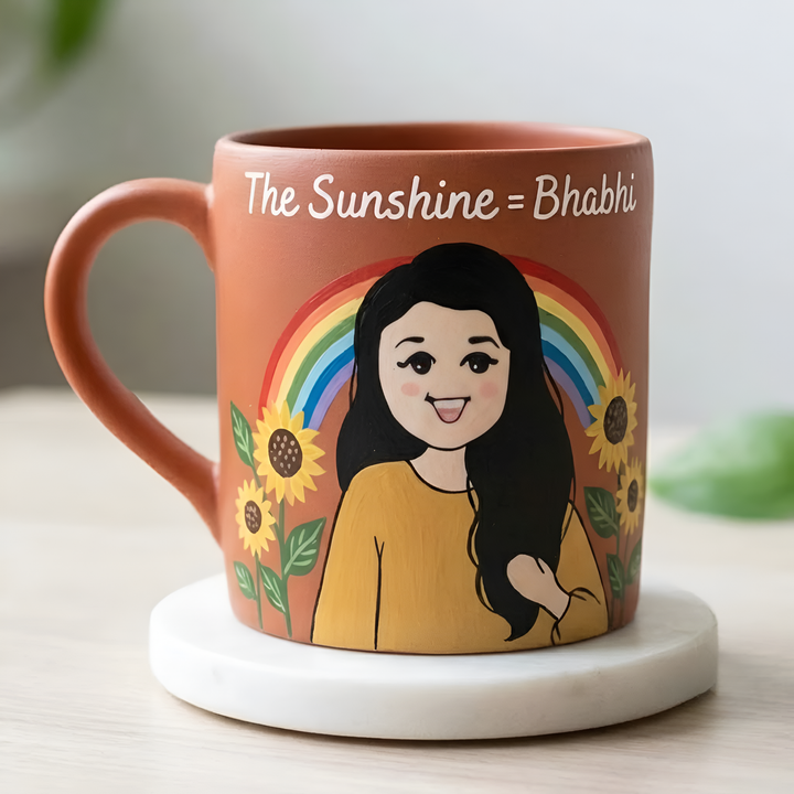 The Sunshine = Bhabhi | Photo Personalized Hand-Painted Terracotta Mug With Background
