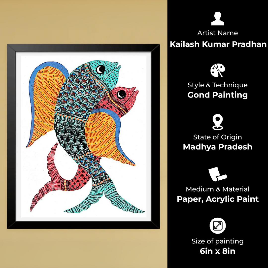 6 x 8 Inch | Dancing Fishes | Original Hand painted Tribal Gond Art Painting | Acrylic Paints On Paper