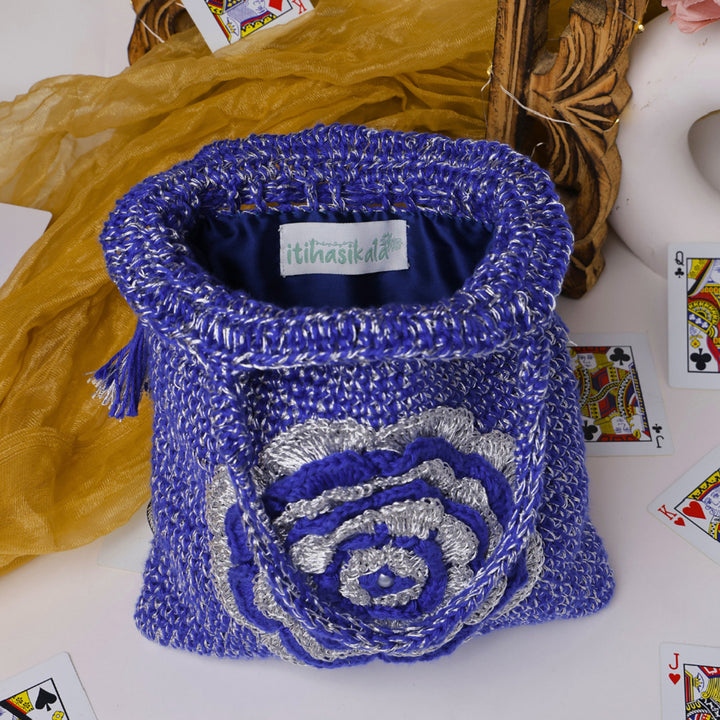 Handmade Crochet Blue Royal Bloom Potli