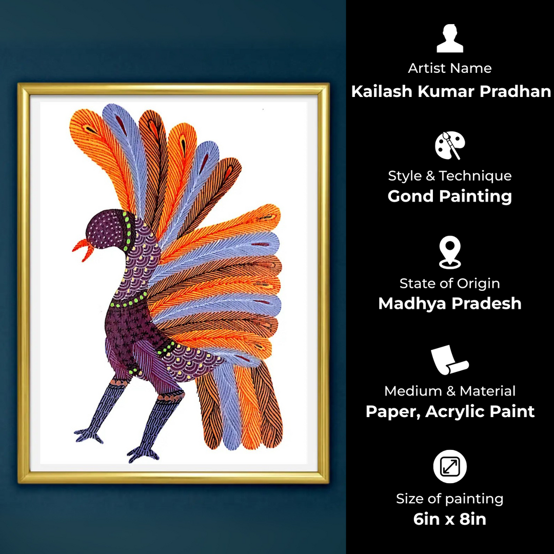 6 x 8 Inch | Dancing Peacock | Original Hand painted Tribal Gond Art Painting | Acrylic Paints On Paper