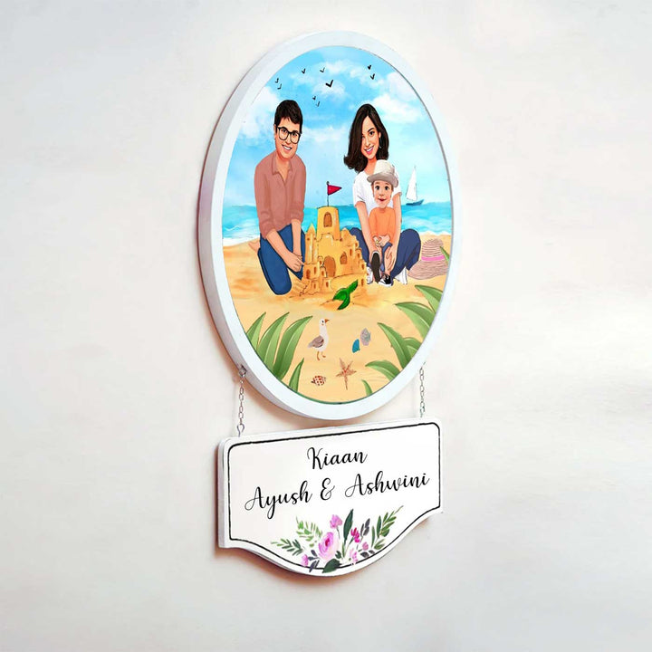 Photo Caricature Hanging Nameplate Small Family 5 - Hanging Wall Plaque with Nameplate