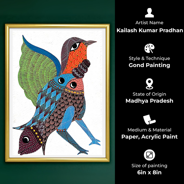 6 x 8 Inch | Feathers and Fins | Original Hand painted Tribal Gond Art Painting | Acrylic Paints On Paper