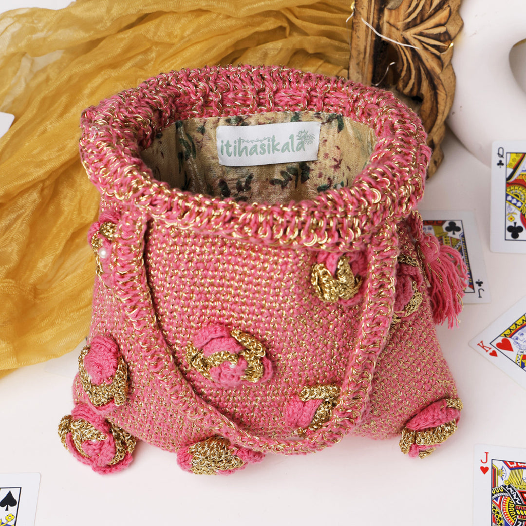 Handmade Crochet Pink & Golden Bloom Potli