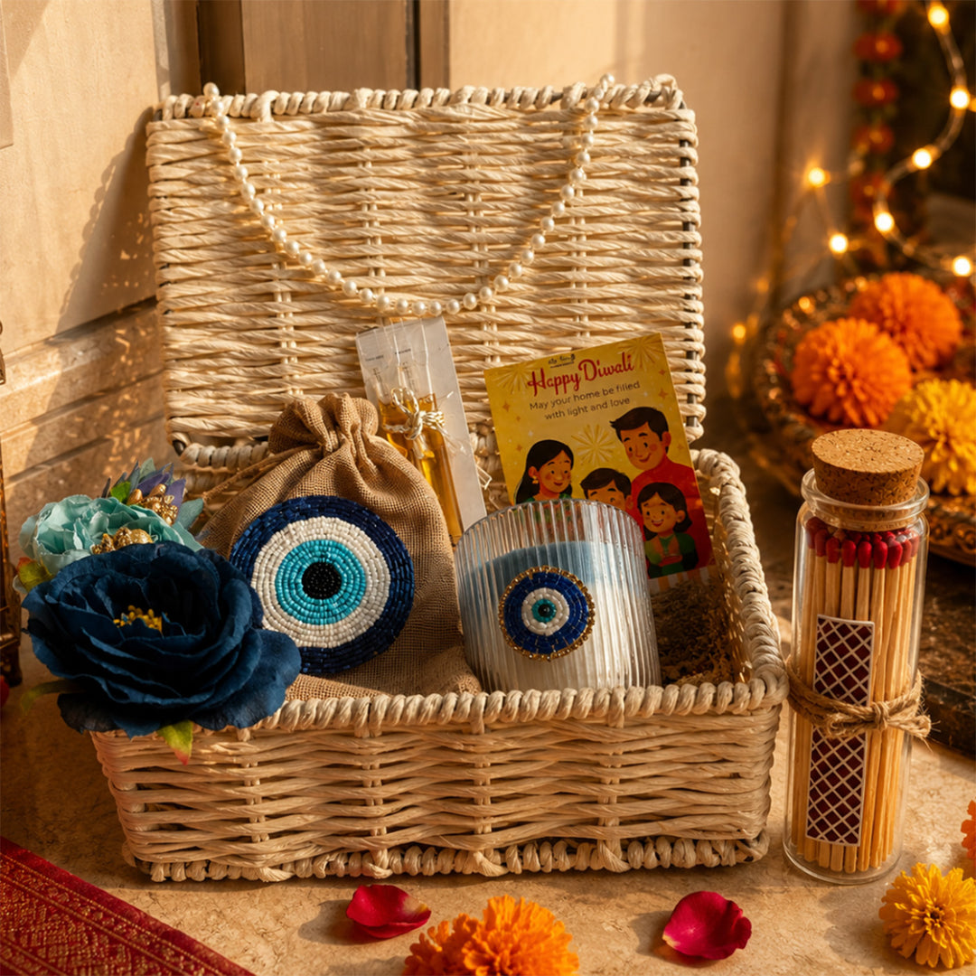 Ivory Nazar White Jute Basket Diwali Gift Hamper With Evil Eye Soy Wax Candle And Shubh Labh Potli For Festive Gifting