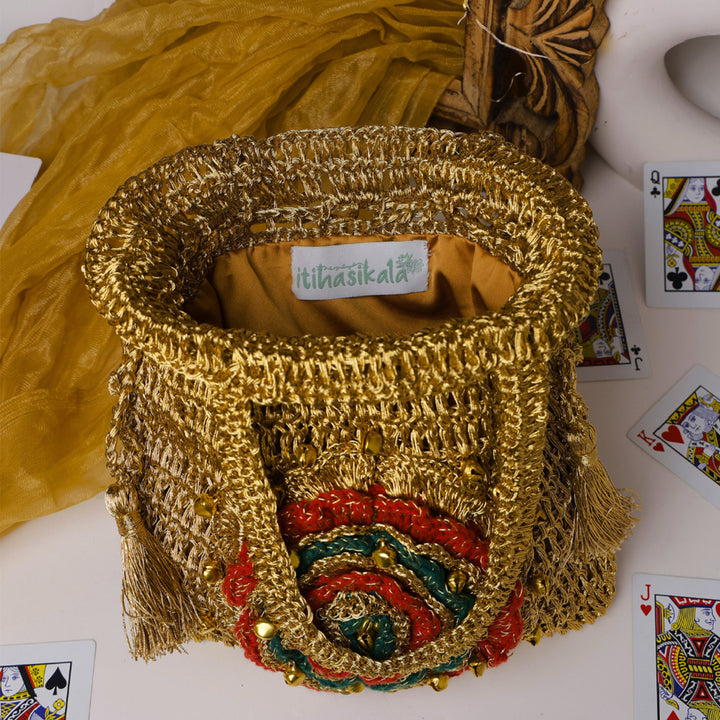 Handmade Crochet Golden Bloom Ghungroo Potli