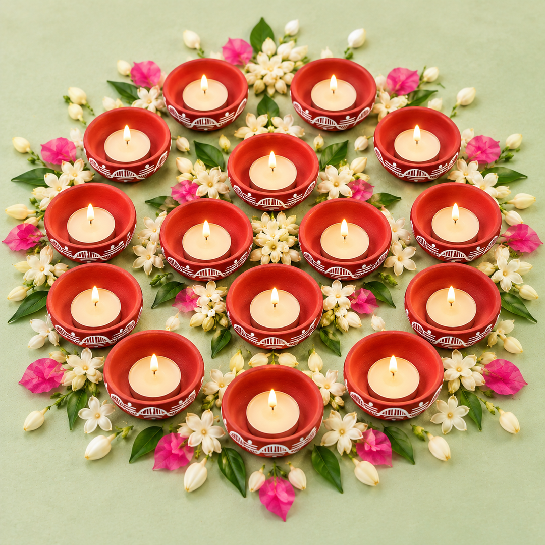 16 Pc | Hand-Painted Leher White Wave Motif Terracotta Tealight Holders With Tealights For Festive Decor