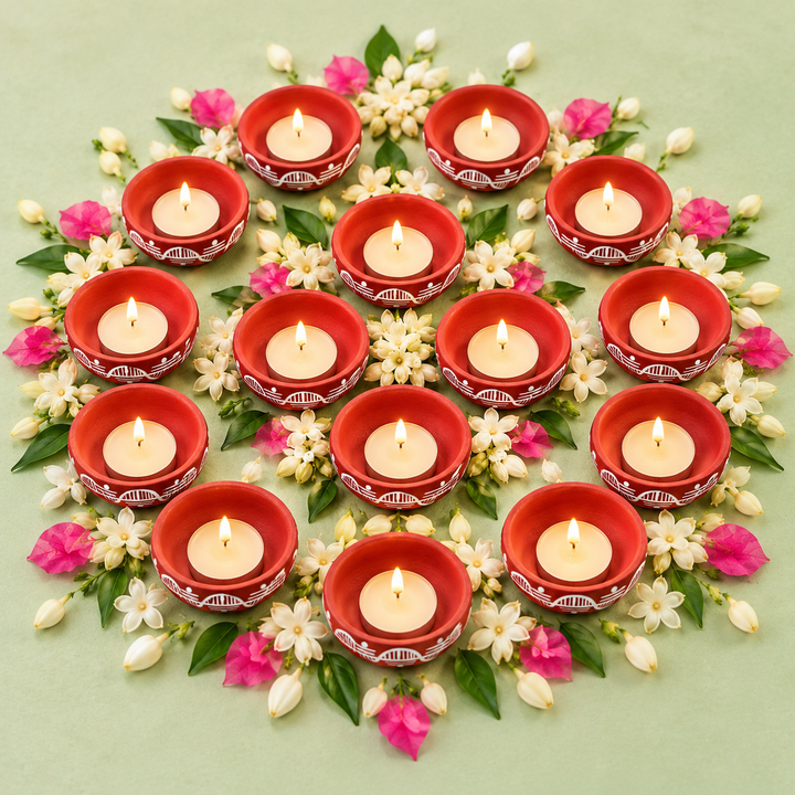 16 Pc | Hand-Painted Leher White Wave Motif Terracotta Tealight Holders With Tealights For Festive Decor