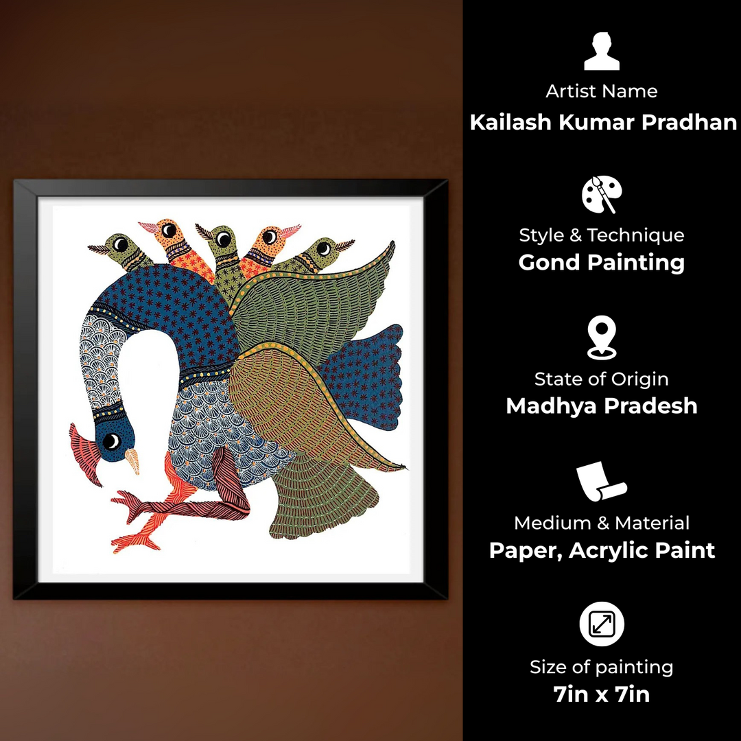 7 x 7 Inch | A Party Of Peacocks | Original Hand Painted Tribal Gond Art Painting | Acrylic Paints On Paper