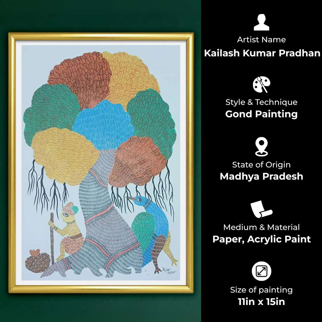 11 x 15 Inch | Peacock & The Living Shade | Original Hand Painted Tribal Gond Art Painting | Acrylic Paints On Paper