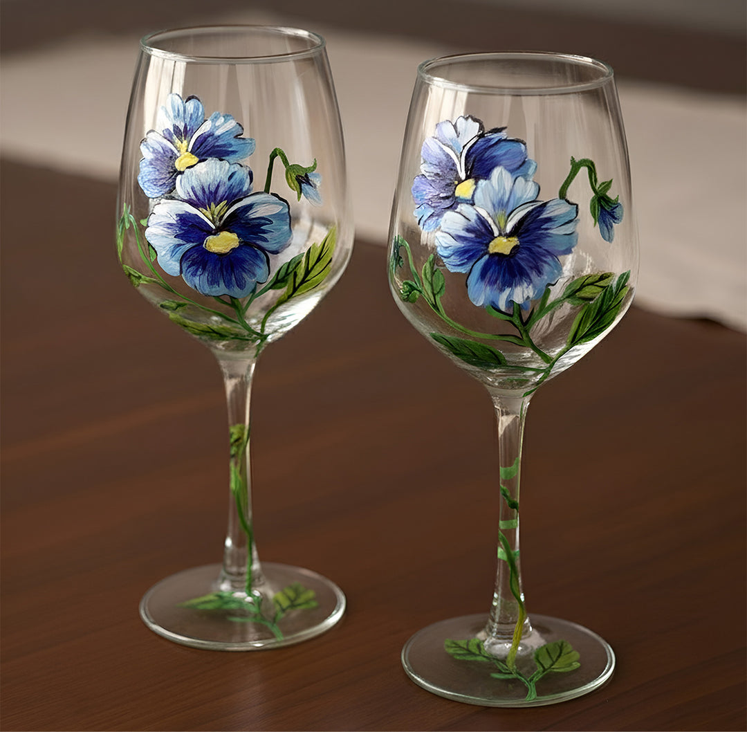 Hand-Painted Blue Pansy Wine Glass