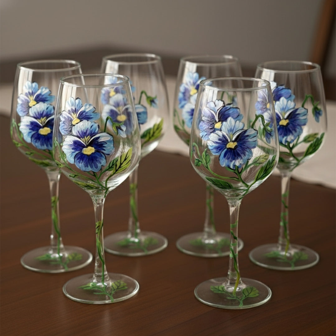 Hand-Painted Blue Pansy Wine Glass