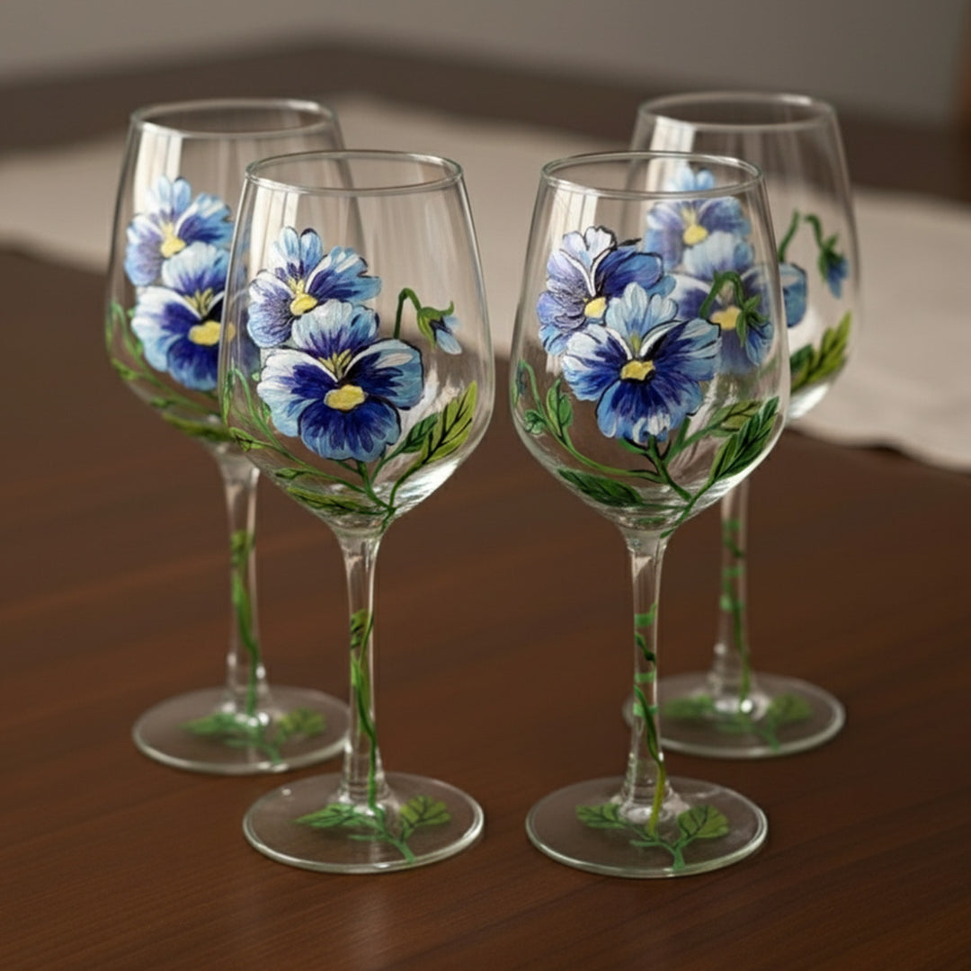 Hand-Painted Blue Pansy Wine Glass