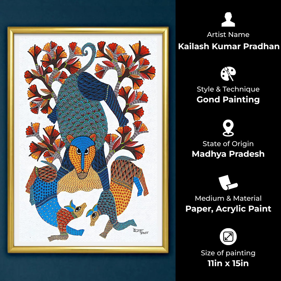 11 x15 Inch | Lion & Deer | Original Hand Painted Tribal Gond Art Painting | Acrylic Paints On Paper