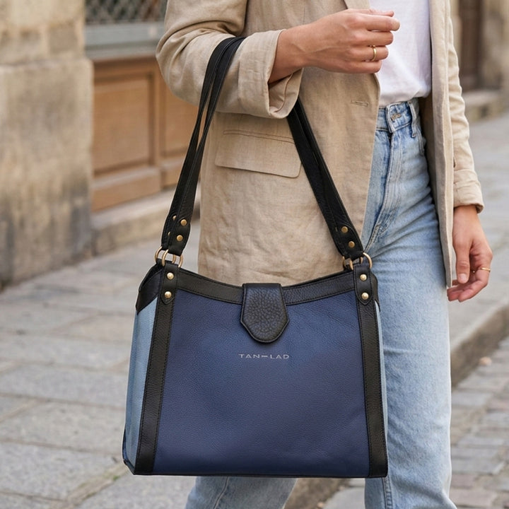 Personalized Blue Serena Leather Tote Bag