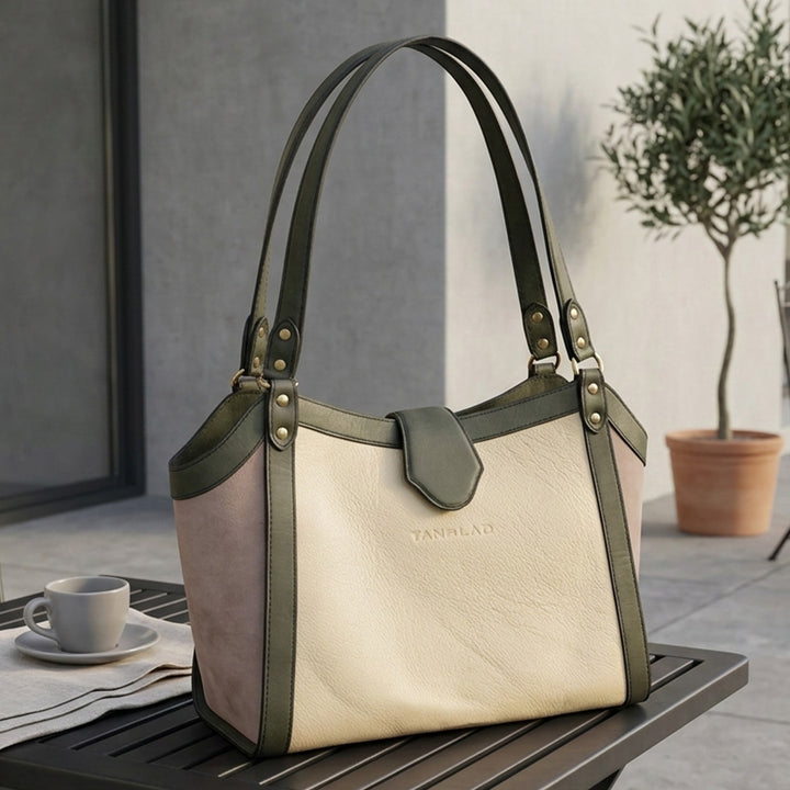 Personalized Off White & Green Serena Leather Tote Bag