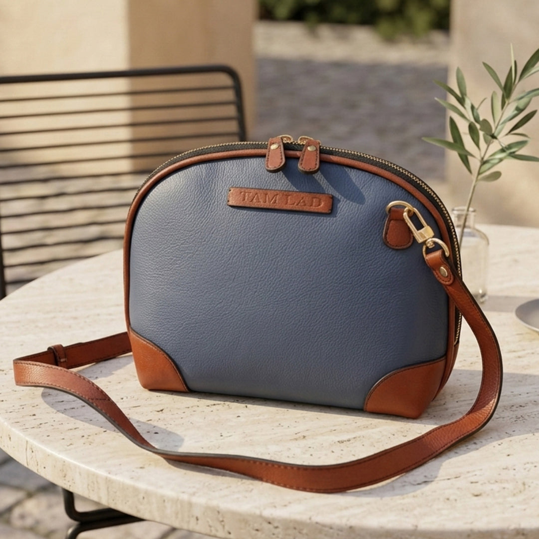 Personalized Blue Brooklyn Tall Leather Sling Bag