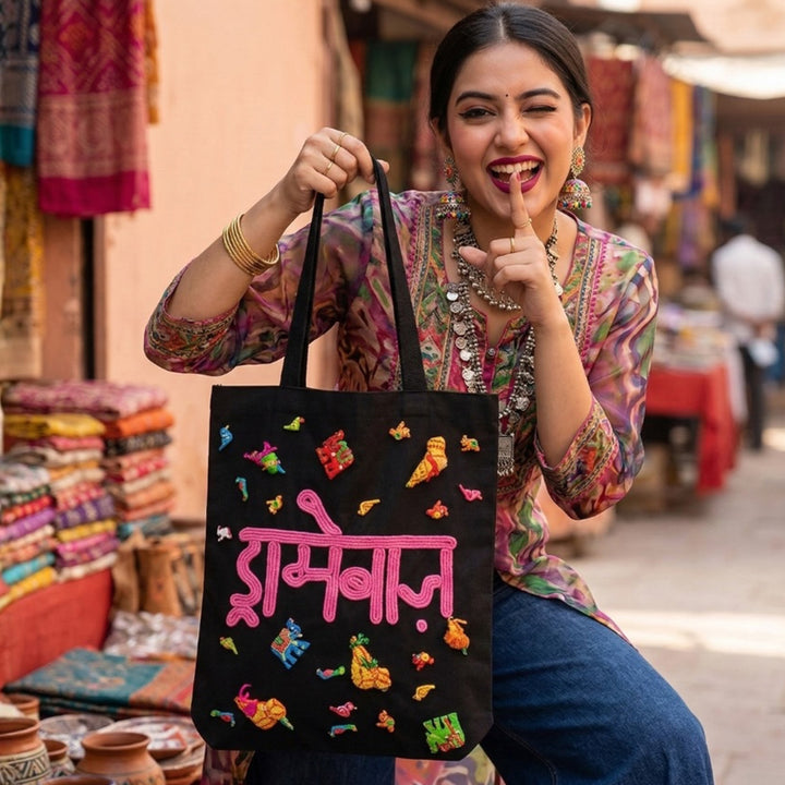 Hand-Embroidered Dori Work Dramebaaz Tote Bag