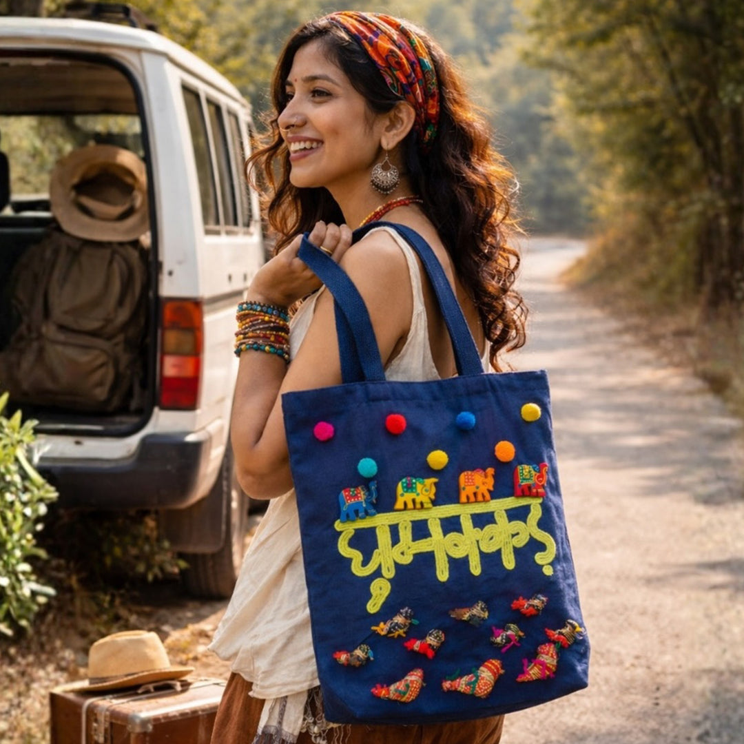 Hand-Embroidered Dori Work Blue Ghumakkar Tote Bag