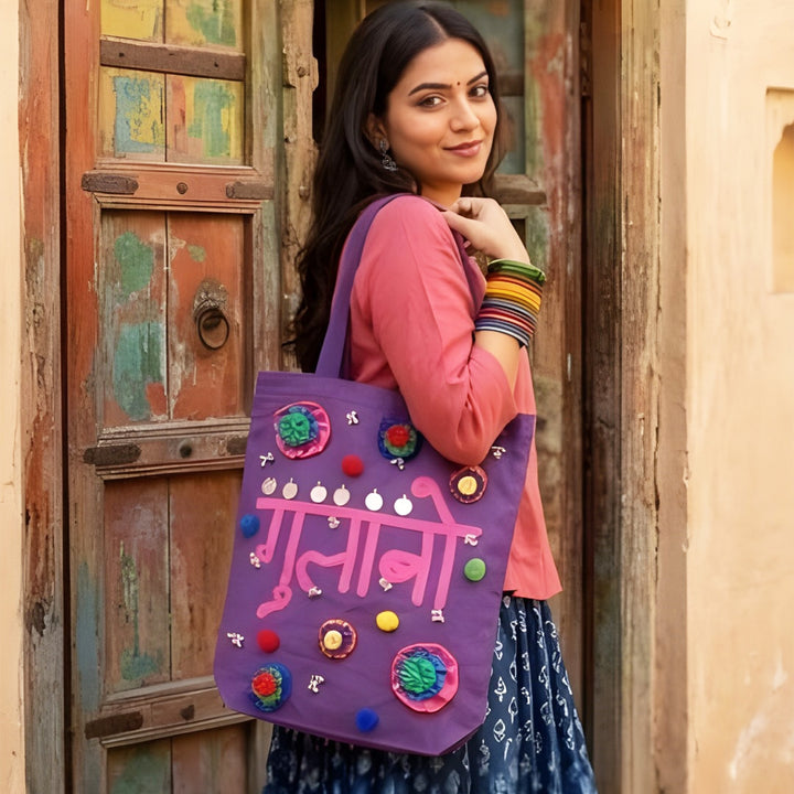 Hand-Embroidered Dori Work Gulabo Tote Bag