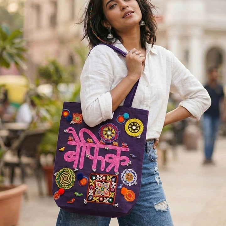 Hand-Embroidered Dori Work Purple Befikre Tote Bag