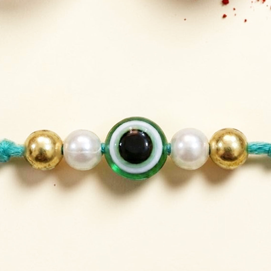 Handmade Evil Eye Turquoise Premium Agate Rakhi With Roli Chawal, Nariyal And Gift Box For Brother