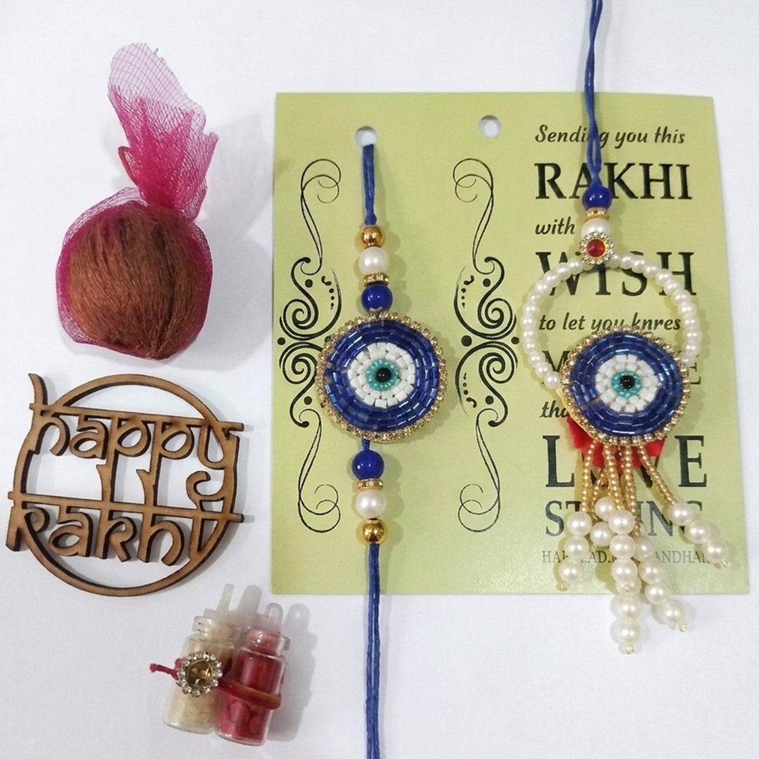 Large Handmade Evil Eye Blue Premium Agate Bhaiya Bhabhi Couple Rakhi And Lumba Set With Roli Chawal, Nariyal And Gift Box | Set of 2
