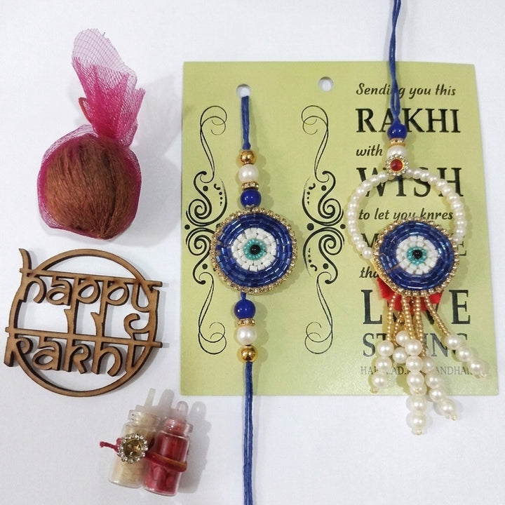 Large Handmade Evil Eye Blue Premium Agate Bhaiya Bhabhi Couple Rakhi And Lumba Set With Roli Chawal, Nariyal And Gift Box | Set of 2