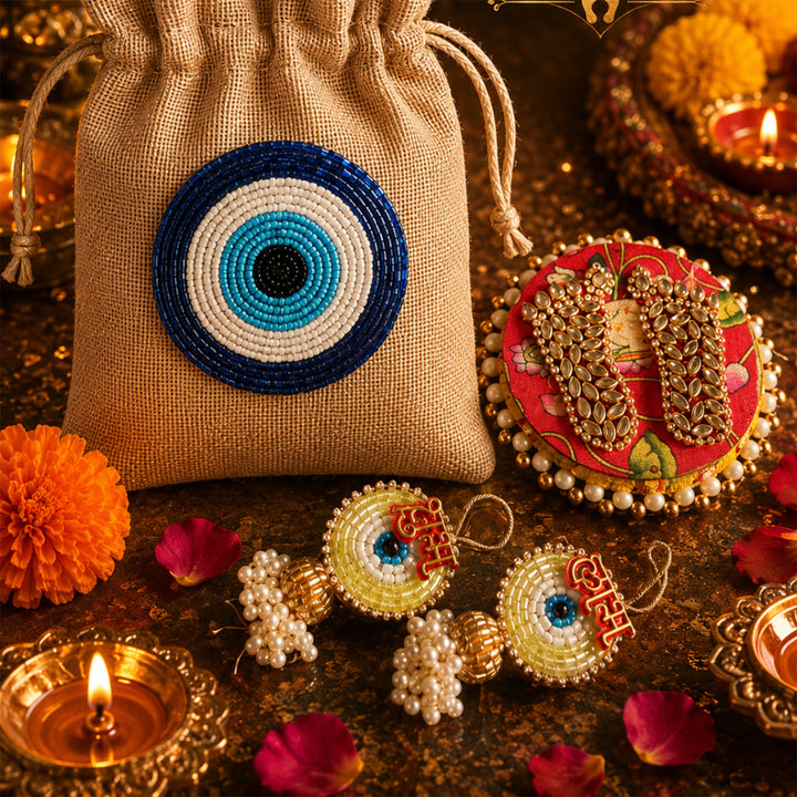 Ivory Nazar White Jute Basket Diwali Gift Hamper With Evil Eye Soy Wax Candle And Shubh Labh Potli For Festive Gifting
