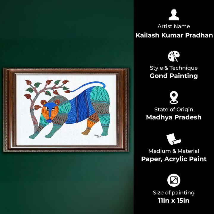 11 x15 Inch | Lion & Tree | Original Hand Painted Tribal Gond Art Painting | Acrylic Paints On Paper
