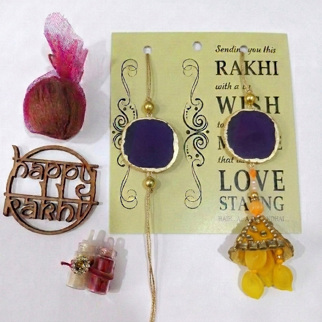 Handmade Purple Premium Agate Bhaiya Bhabhi Couple Rakhi And Lumba Set With Roli Chawal, Nariyal And Gift Box | Set of 2