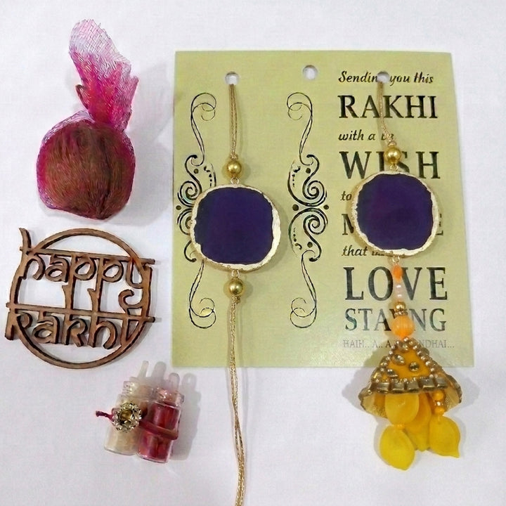Handmade Purple Premium Agate Bhaiya Bhabhi Couple Rakhi And Lumba Set With Roli Chawal, Nariyal And Gift Box | Set of 2