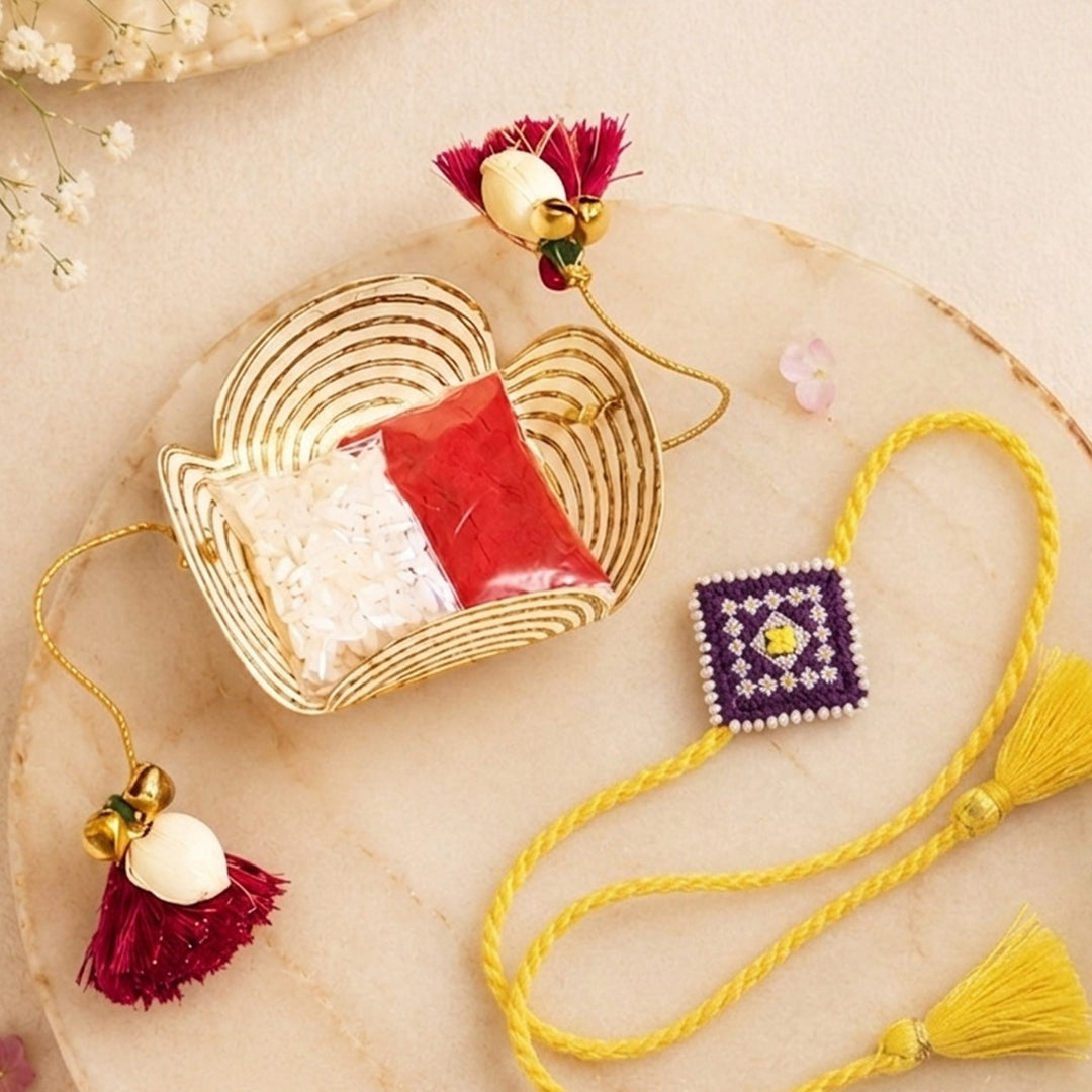 Handcrafted Silk Thread & Pearl Bead Work Cheed Rakhi - Violet