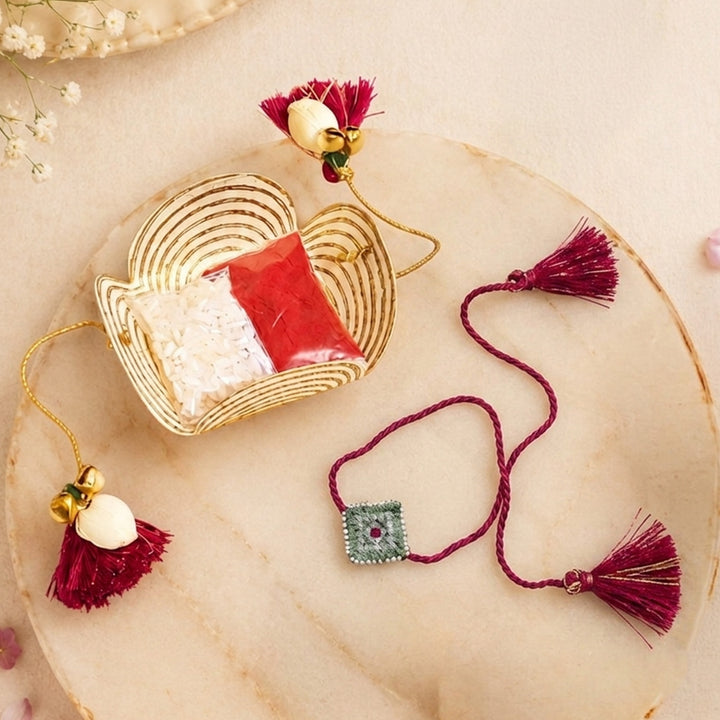 Handcrafted Silk Thread & Pearl Bead Work Cheed Rakhi - Mint Green