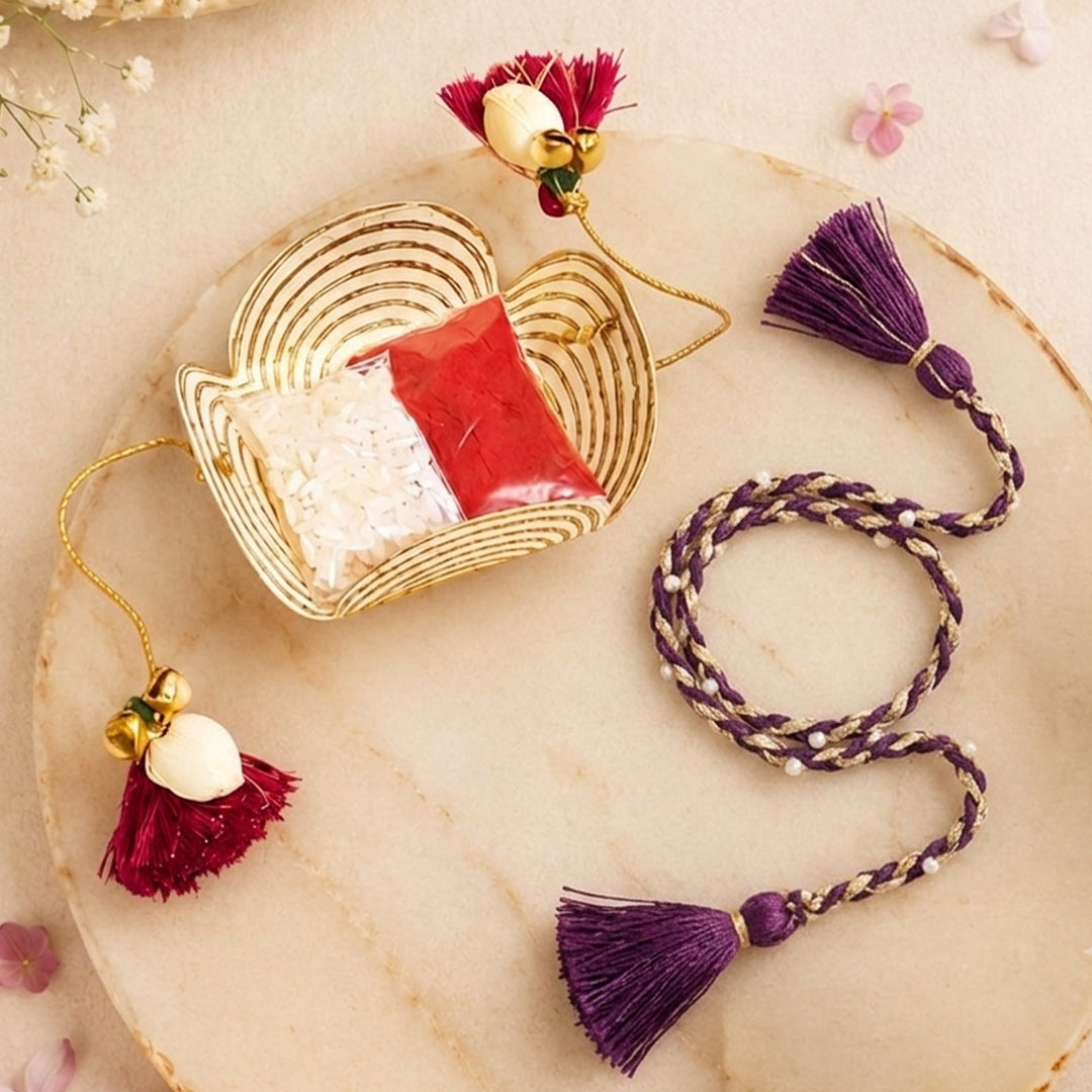 Handcrafted Cotton Dori & Pearl Bead Work Cheed Rakhi - Violet
