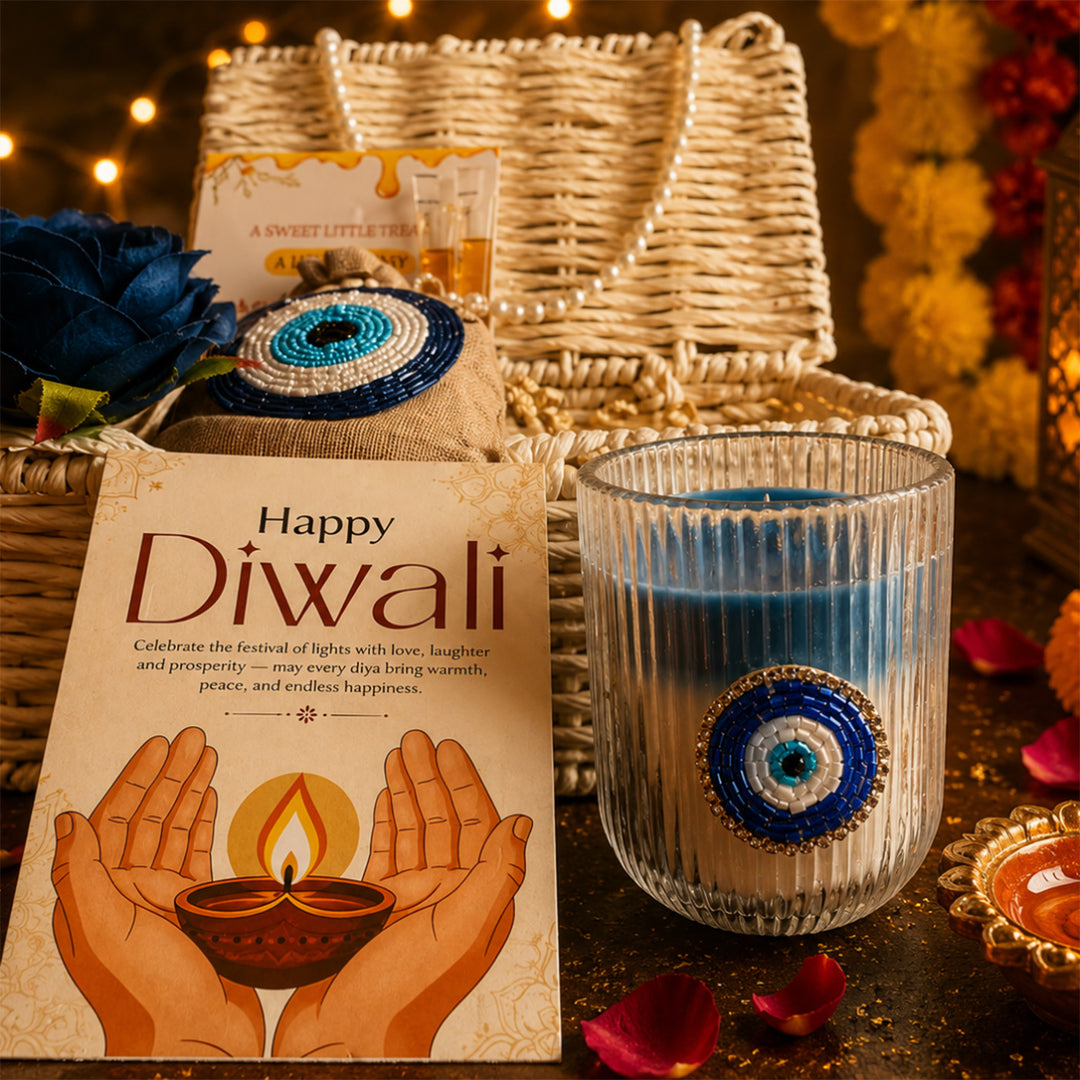 Ivory Nazar White Jute Basket Diwali Gift Hamper With Evil Eye Soy Wax Candle And Shubh Labh Potli For Festive Gifting