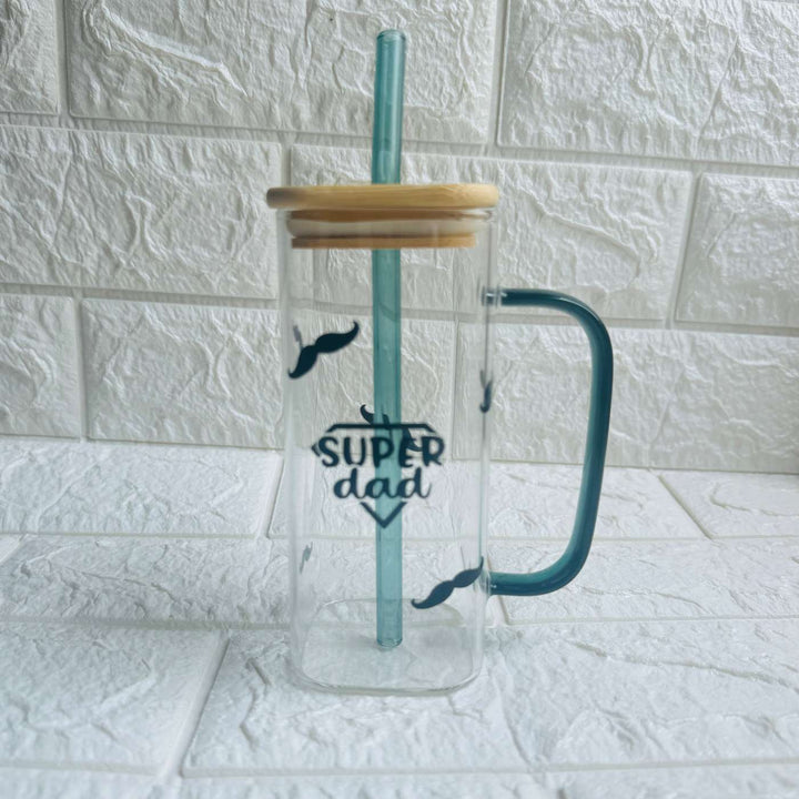 Handmade Super Dad Theme Glass Bottle With Straw
