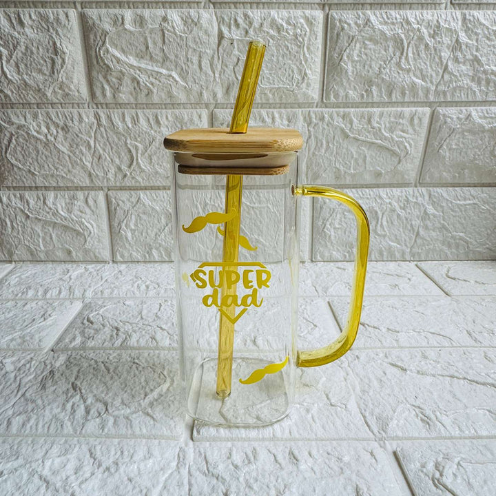 Handmade Super Dad Theme Glass Bottle With Straw
