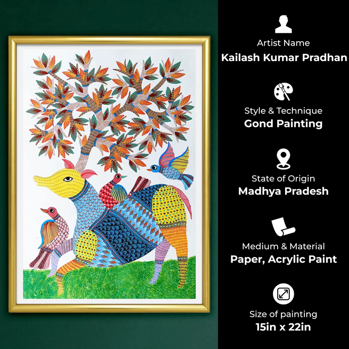 15 x 22 Inch | Deer & Birds | Original Hand Painted Tribal Gond Art Painting | Acrylic Paints On Paper