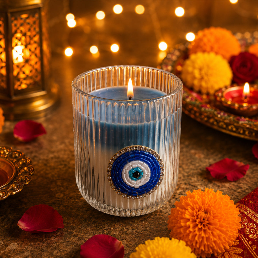 Ivory Nazar White Jute Basket Diwali Gift Hamper With Evil Eye Soy Wax Candle And Shubh Labh Potli For Festive Gifting