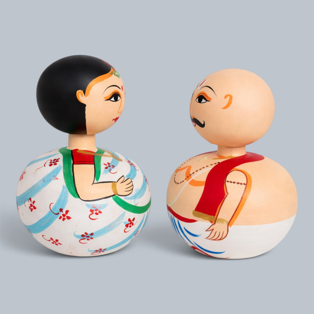 Set of 2 | Hand-Painted Blue Floral & Peach Bobble Head Couple Wooden Golu Dolls For Gifting & Decor