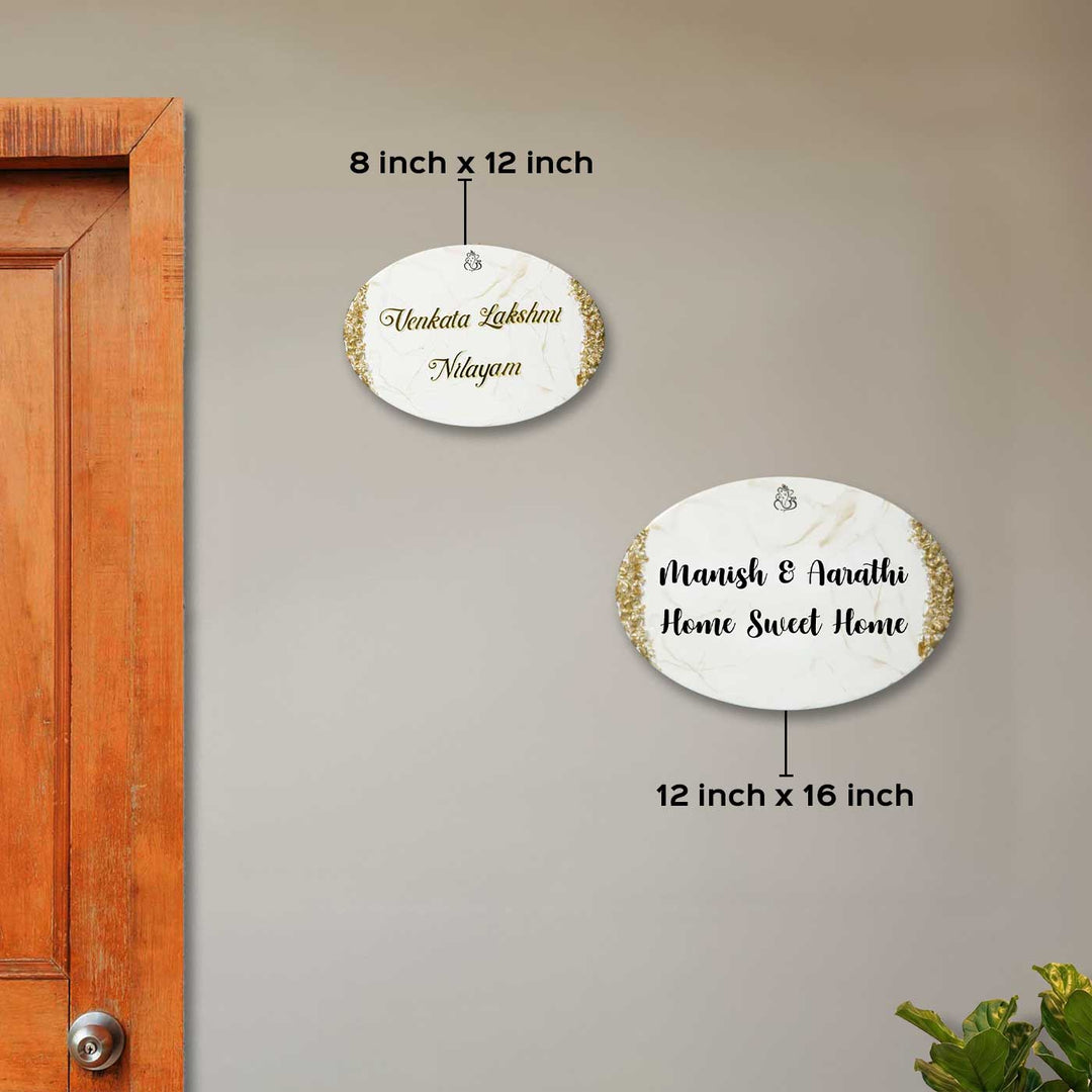 White Personalized Marble Effect Oval Resin Name Plate | With 3D Acrylic Letters & Gold Stone Embellishment